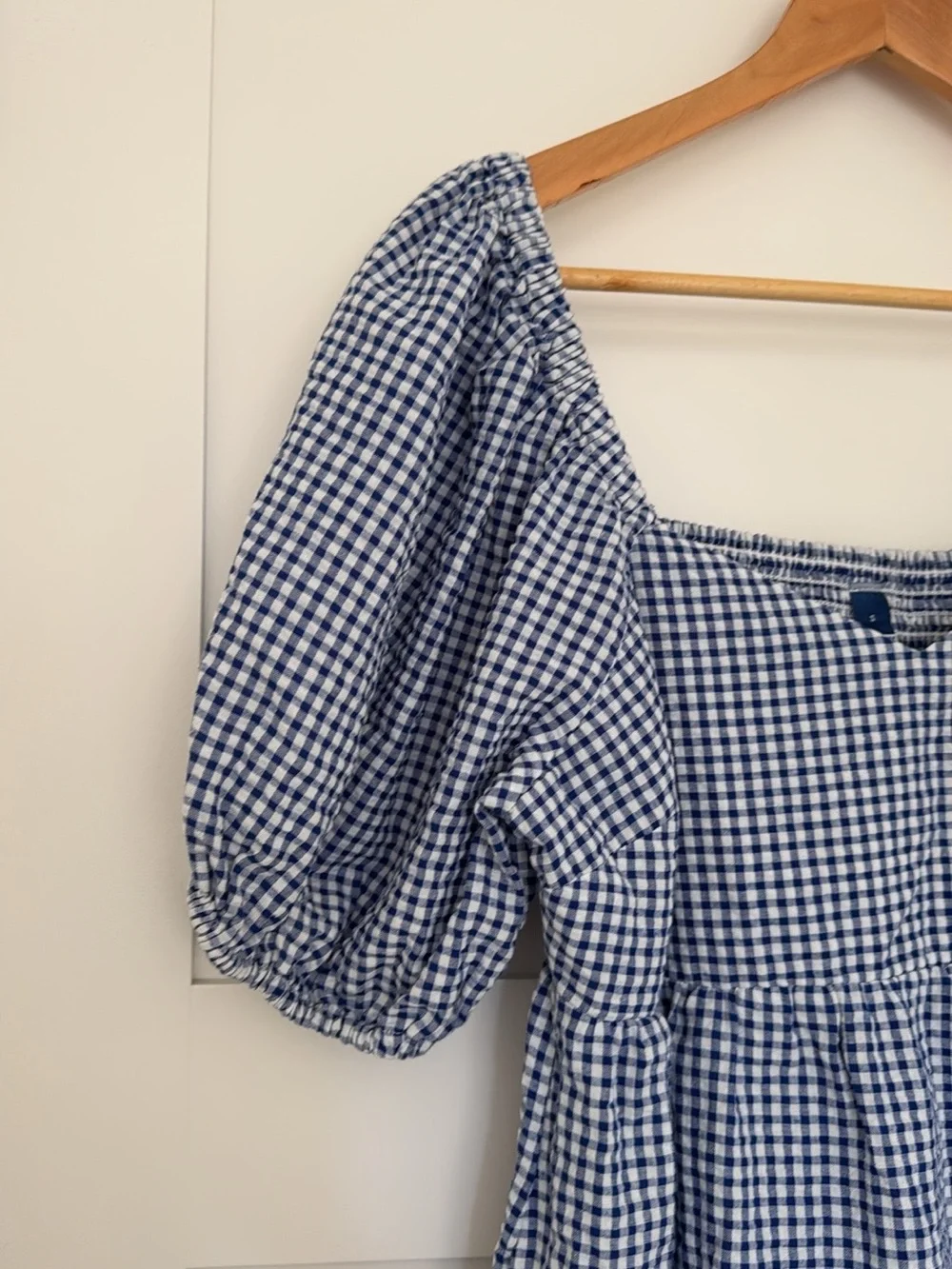 Old Navy Blue Gingham Puff Sleeve Mini Dress Pockets Size S